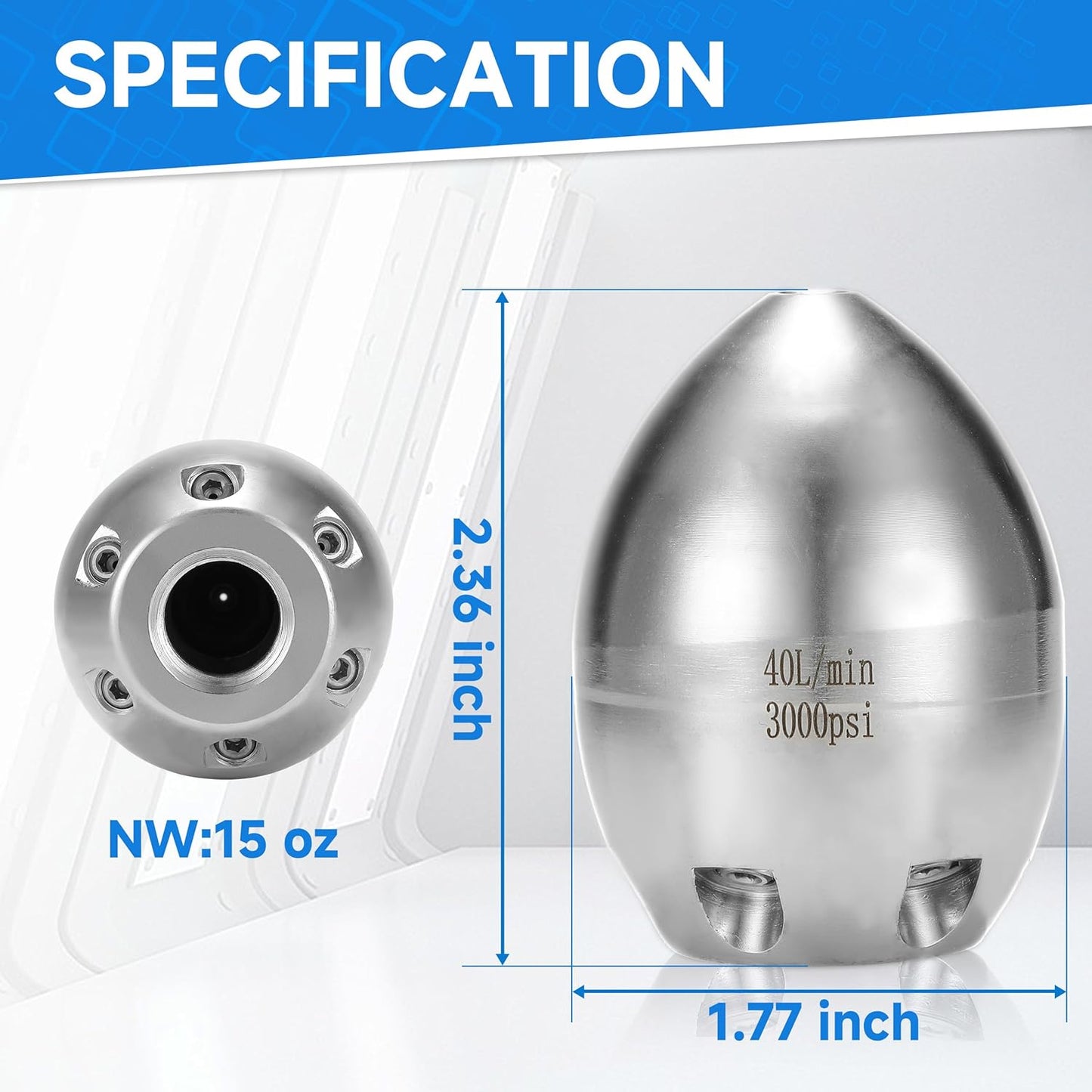 🛠️💦 3000 PSI 40 L/Min 3/8'' NPT Stainless Steel Sewer Jetter Nozzle for Pressure Washers