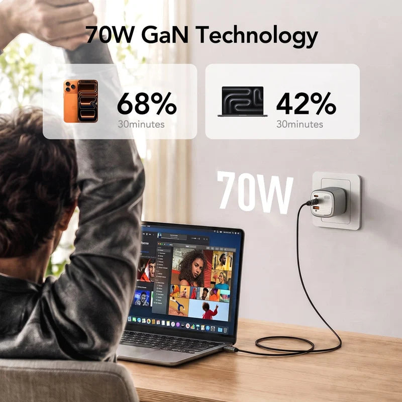 Global Travel Charger (70W, 3-Port, GaN, Integrated Rotary Plug)