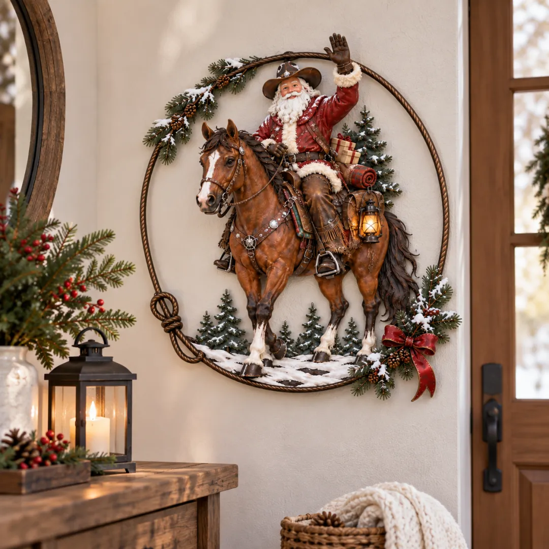 Western Cowboy Santa Christmas Metal Wall Decor