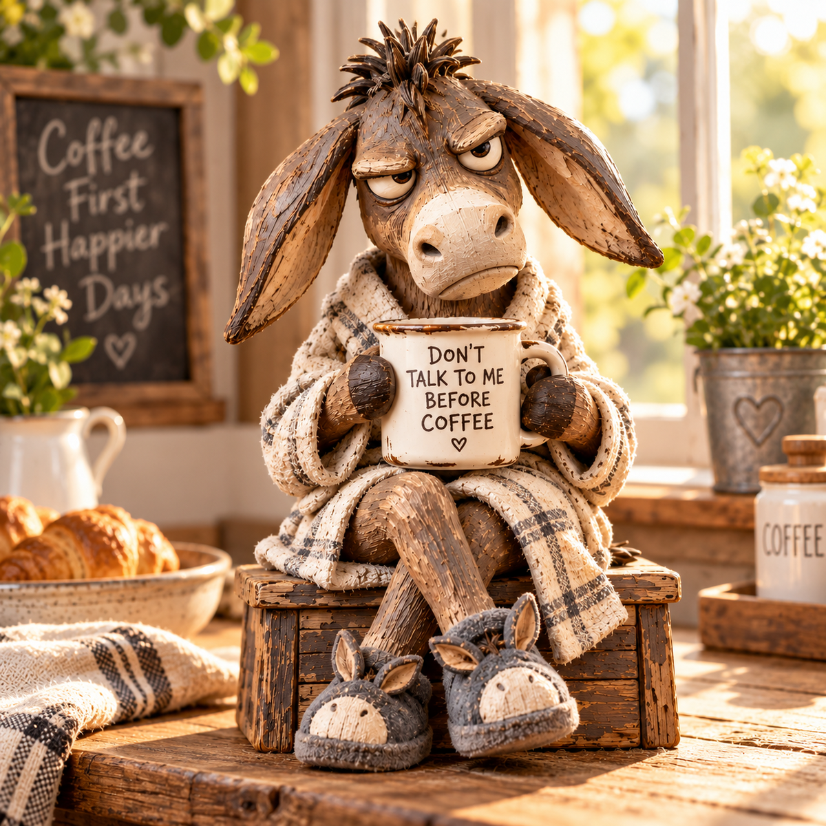 π΄β Morning Coffee Donkey β Funny Grumpy Donkey Figurine for Rustic Farmhouse Decor