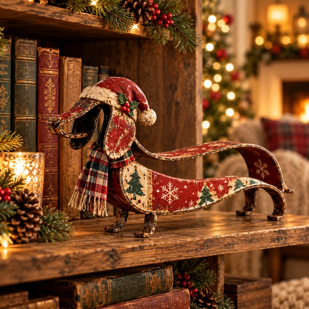 Vintage Christmas Dachshund Metal Figurine