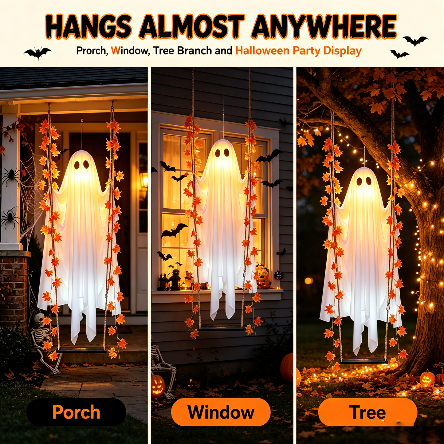 🔥Limited-time 50% Off👻✨LED Hanging Ghost Swing Decoration, 5FT Remote Controlled Halloween Outdoor Hanging Decor🎃