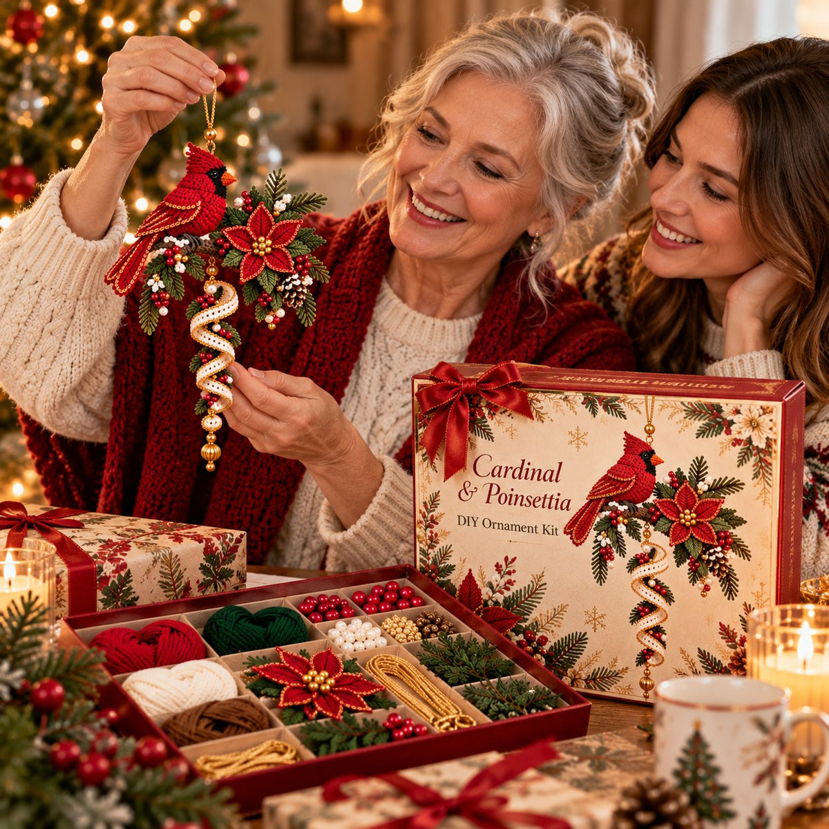 🎄❤️ Cardinal & Poinsettia DIY Ornament Kit