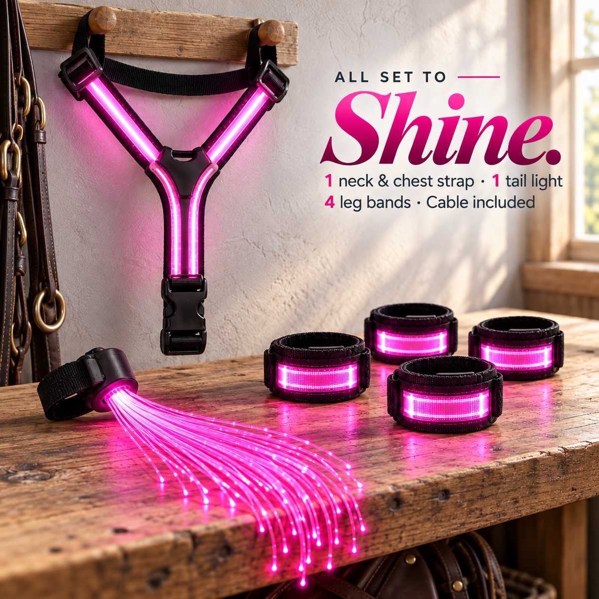 NightGlow™ LED Horse Gear Set – Light-Up Chest Harness, 4 Leg Bands & Tail Strand