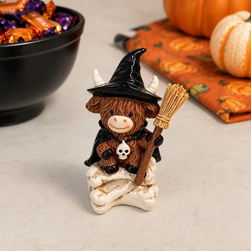 🎃Halloween Highland Cow Witch Ornament – Spooky-Cute Tabletop Decor for Mantel, Shelf & Candy Station