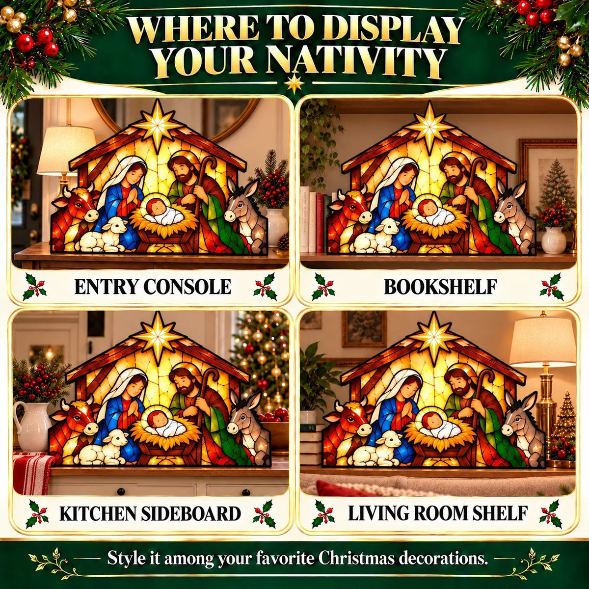 βοΈ Nativity Scene Christmas Decoration πβ¨ Stained Glass Style Holy Family Display with Baby Jesus, Mary, Joseph & Stable Animals ποΈπ
