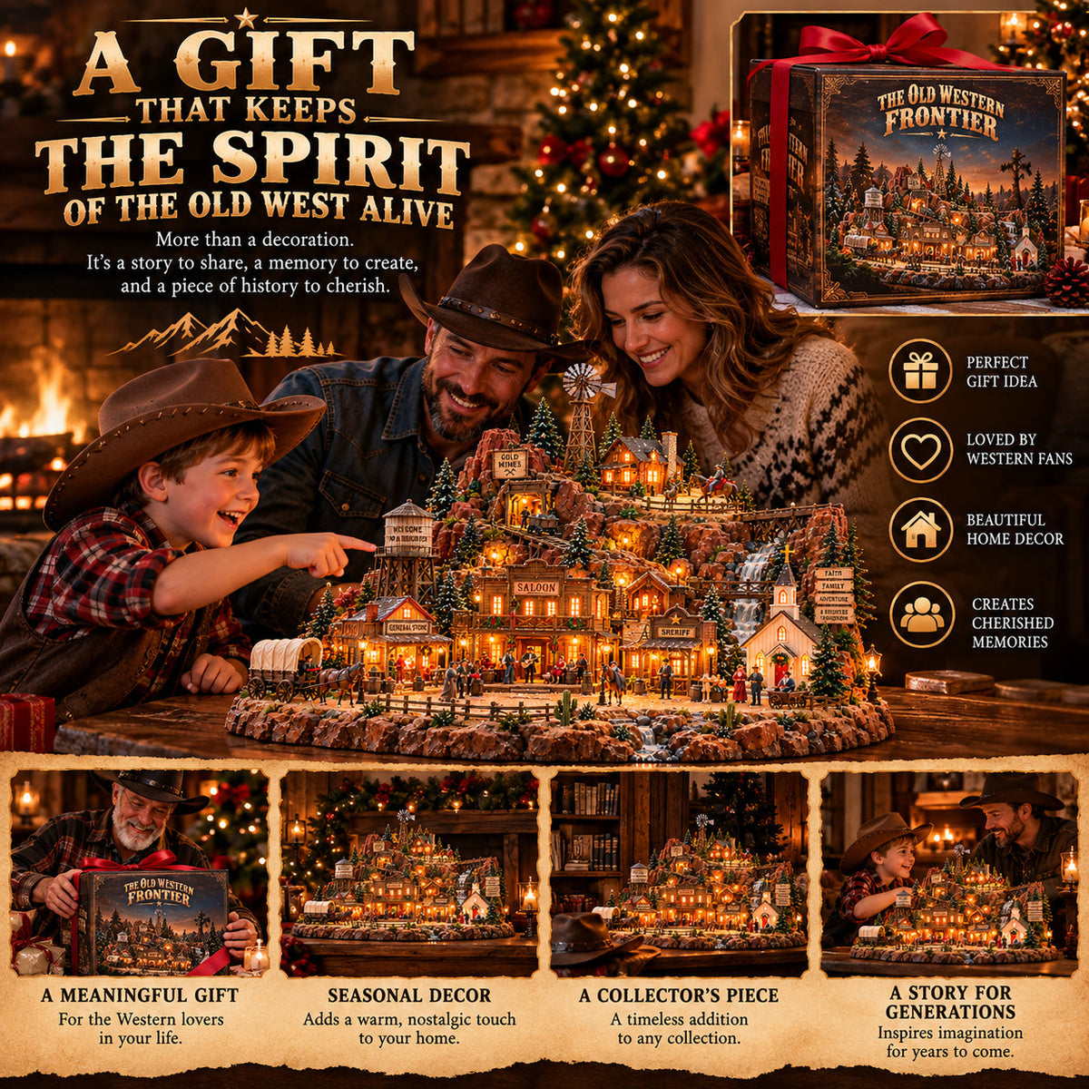Family admiring the illuminated miniature Western village as a gift