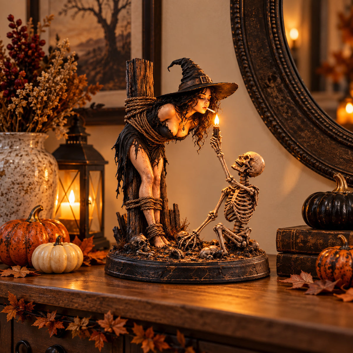 Witch & Skeleton Candle Scene Figurine β Dark Gothic Halloween Tabletop Decor
