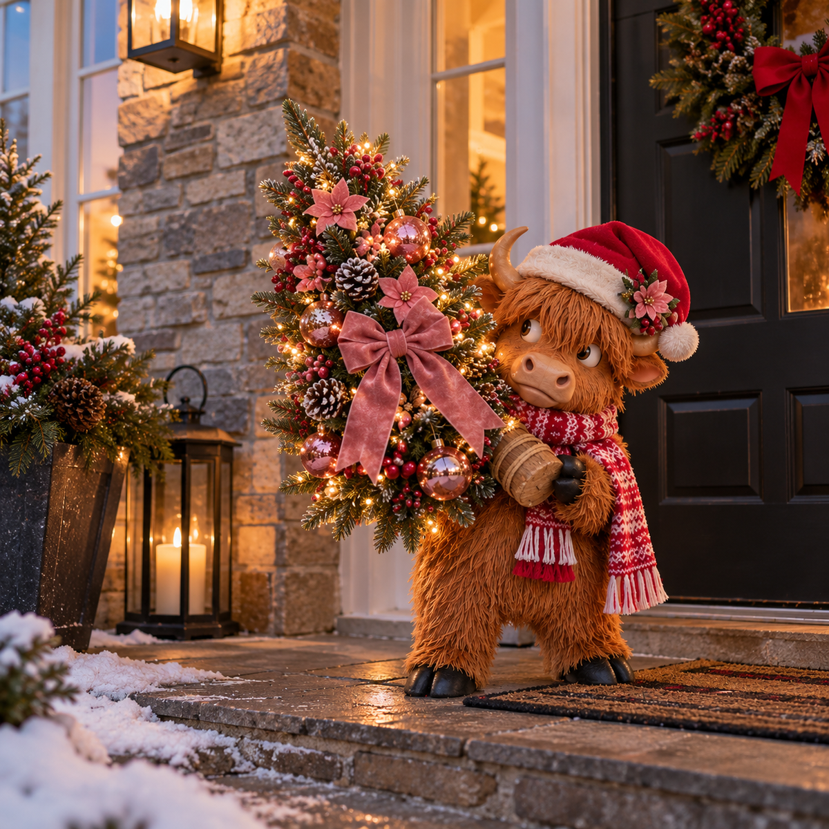 ๐๐ฎ Pinkmas Tree Banditโข โ Funny Lighted Highland Cow Carrying a Sparkling Pink Christmas Tree, Whimsical Holiday Porch Decor ๐โจ