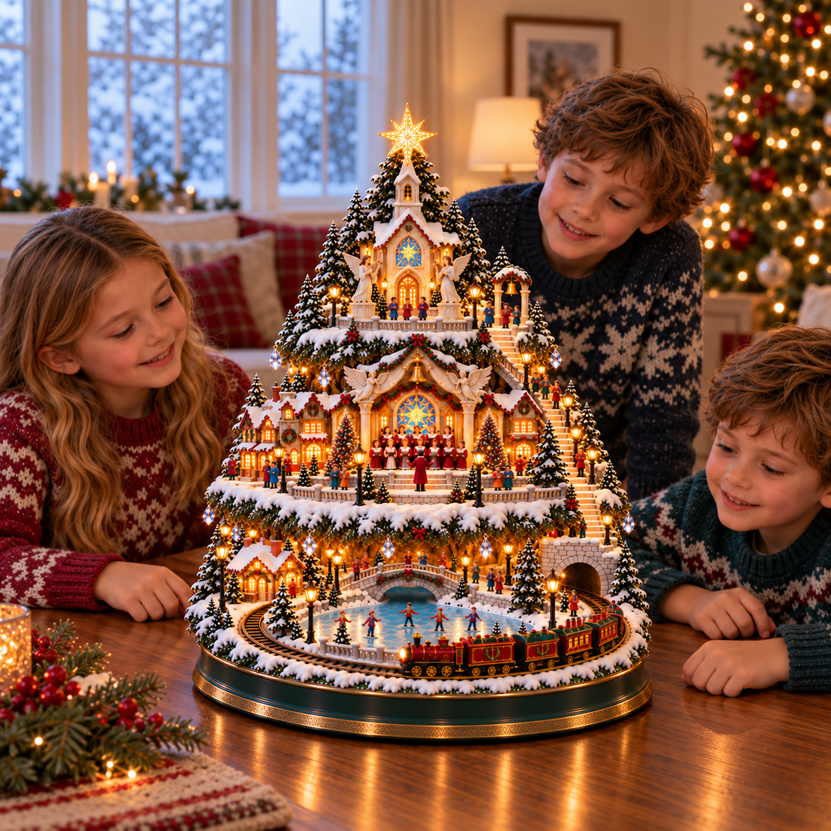 ⛷️ Lighted Christmas Village Tree – With Train& Carousel