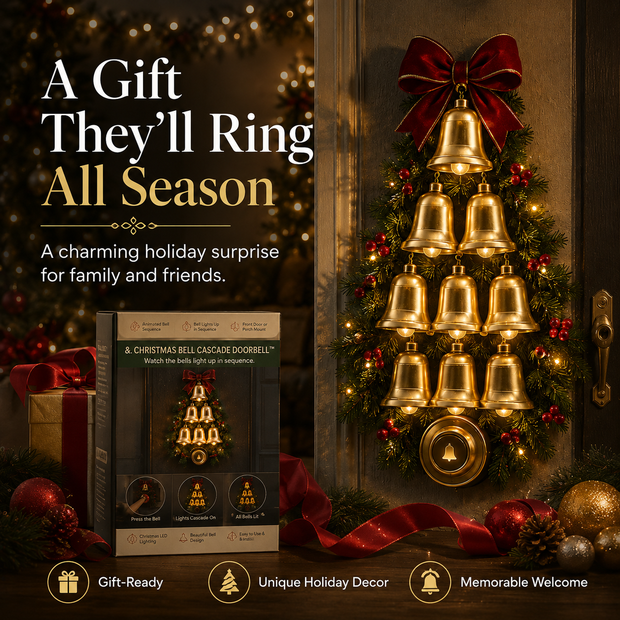 ✨✨Christmas Bell Cascade Doorbell™✨ – Light-Up Holiday Chime Door Decor 🔔🎄