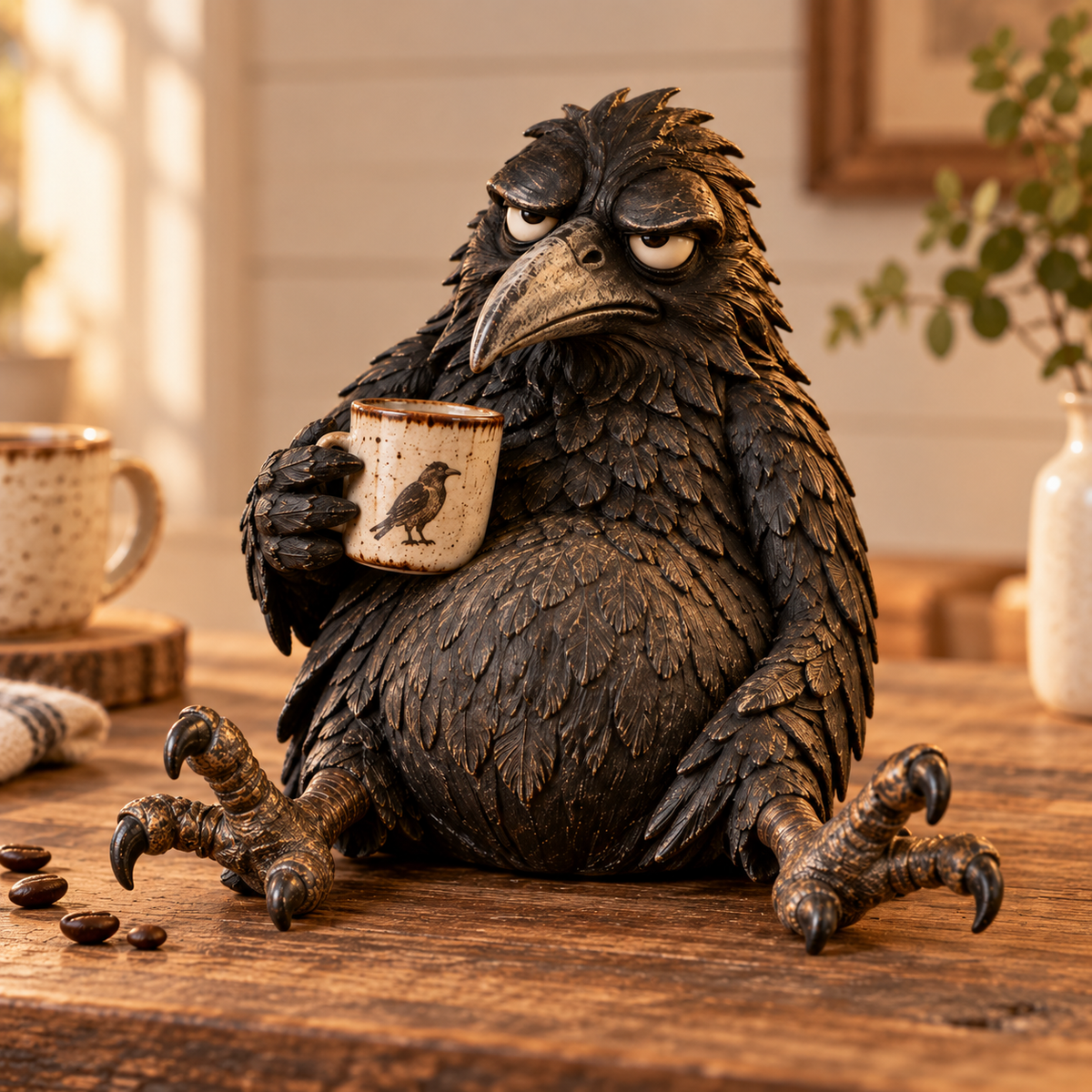 The Grumpy Coffee Raven – Rustic Vintage Coffee Lover Figurine