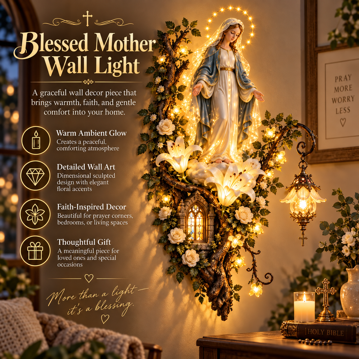 đ⨠Blessed Mother Lighted Wall DĂŠcor | Virgin Mary 3D Religious Wall Art with Warm Ambient Glow