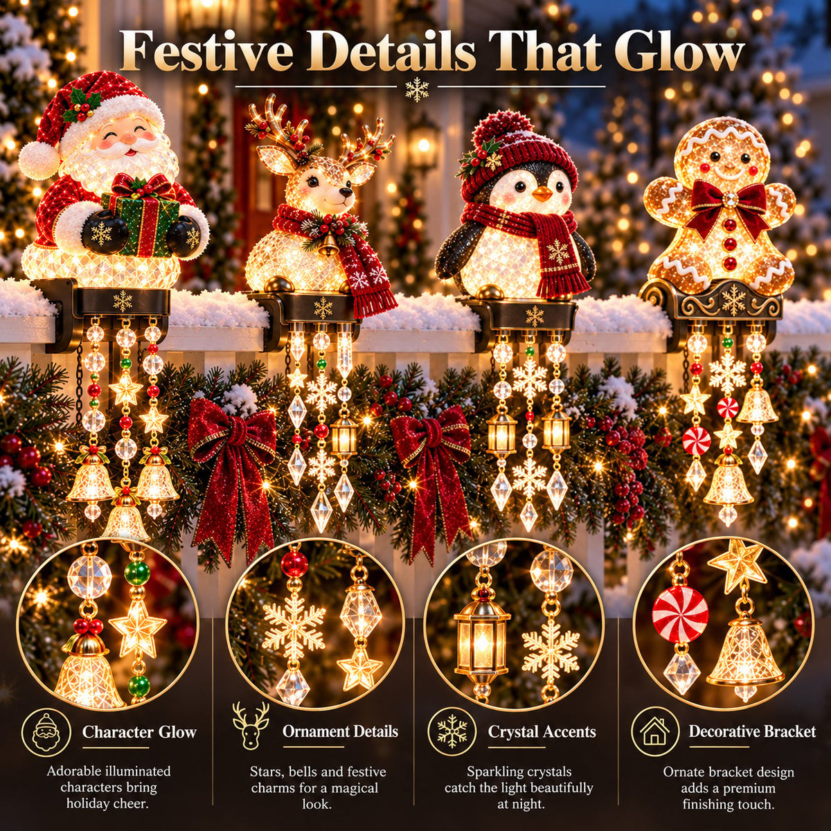 🎄 Christmas Porch Railing Lights – 4 Festive Character Designs