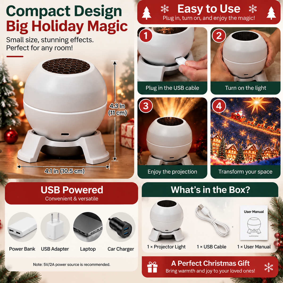 🛷Turn Any Room Into a Christmas Wonderland – Holiday Projection Night Light