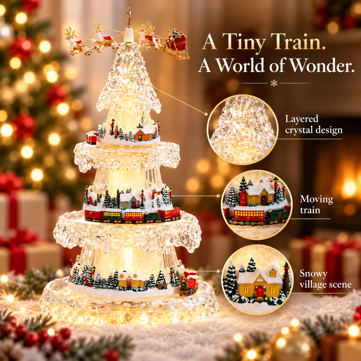 π Musical Christmas Tree with Animated Train β Light-Up Acrylic Holiday Village Tabletop Decoration