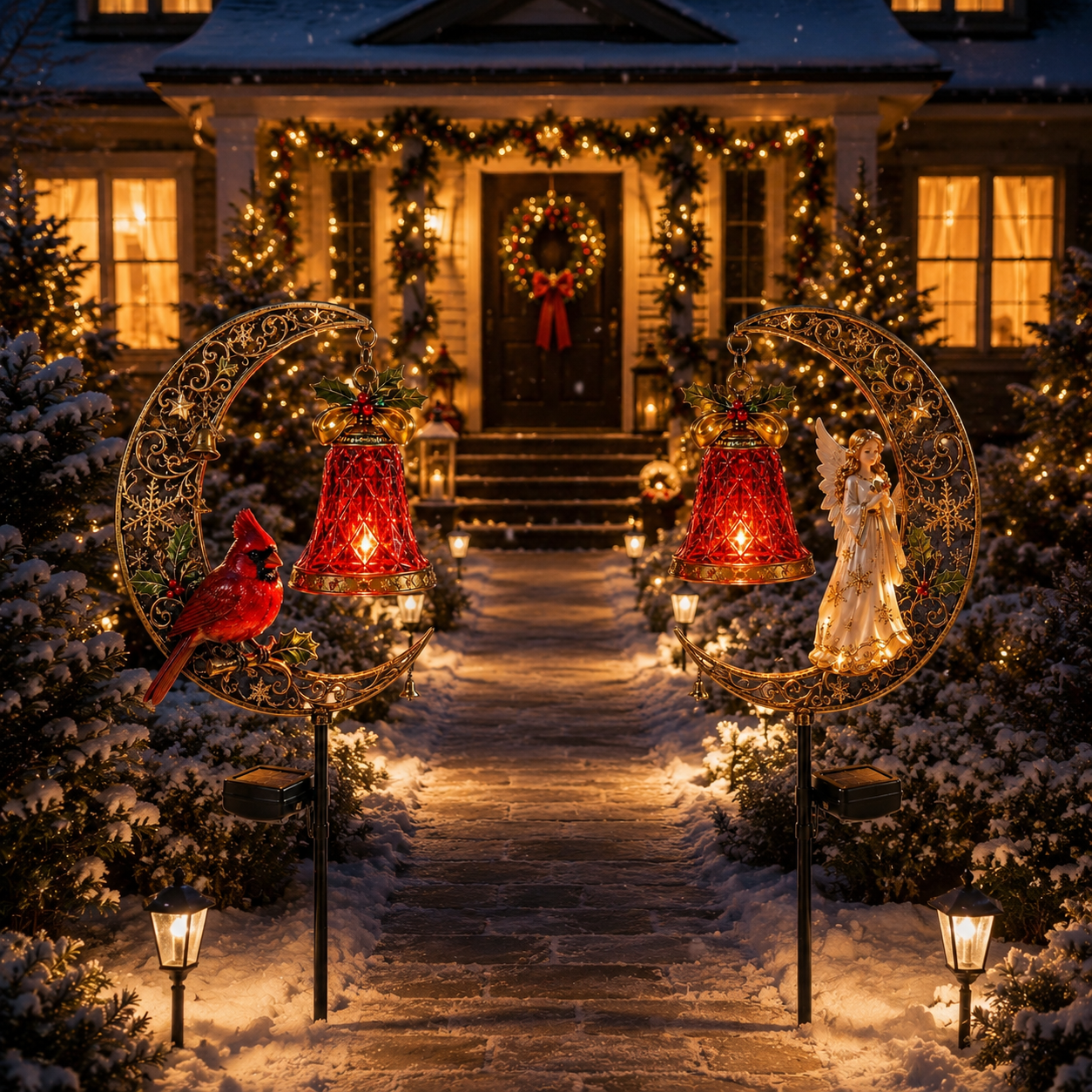 Christmas Solar Crescent Moon Garden Stake Light – Cardinal, Angel & Nutcracke