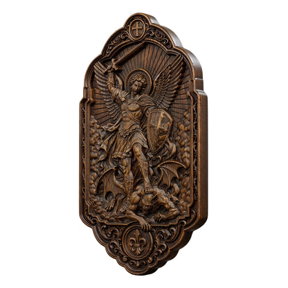 St. Michael the Archangel Beechwood Wall Plaque – Carved Catholic Wall Art