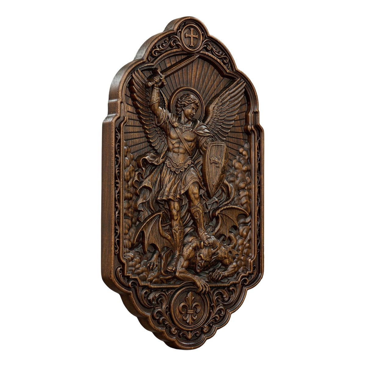 Three-quarter angle of St. Michael the Archangel plaque showing its raised relief, ornate frame and wood-look depth