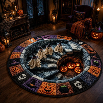 🔥 3D Skeleton Vortex Quilted Round Rug – Spooky Halloween Optical Illusion 👻