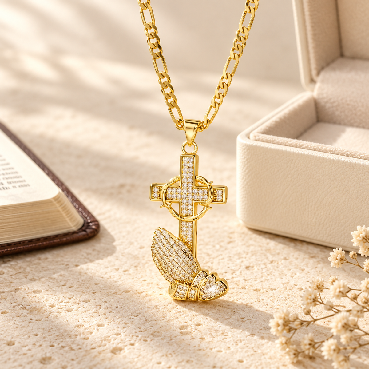 Cross & Prayer Hands Pendant Necklace