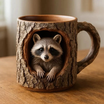 Raccoon tree hollow mug with bark-textured exterior