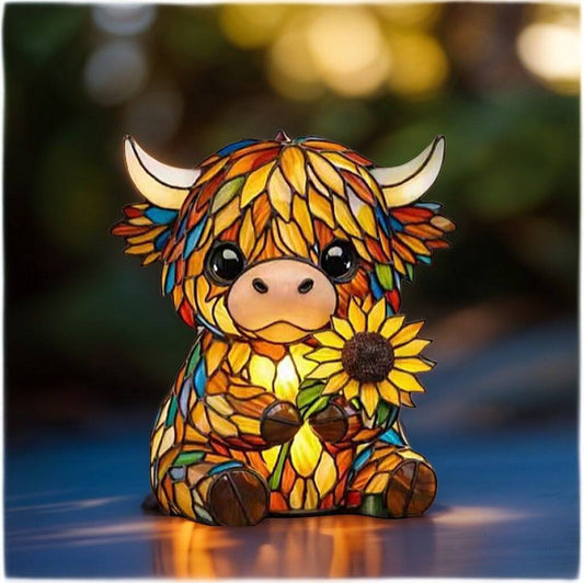 🐮 Highland Cow Sunflower Stained Glass LED Night Light Decorative Table Lamp