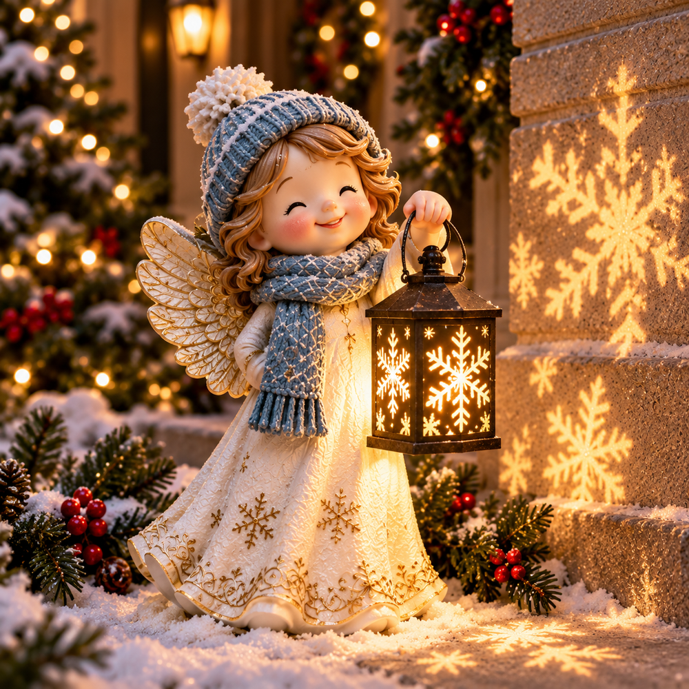 Angel solar Christmas step light with snowflake lantern and softly illuminated snowy stairs