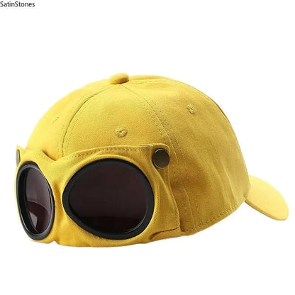Detachable Goggle Pilot Baseball Cap Vintage Washed Cotton Hat for Street Fashion & Daily Outfit