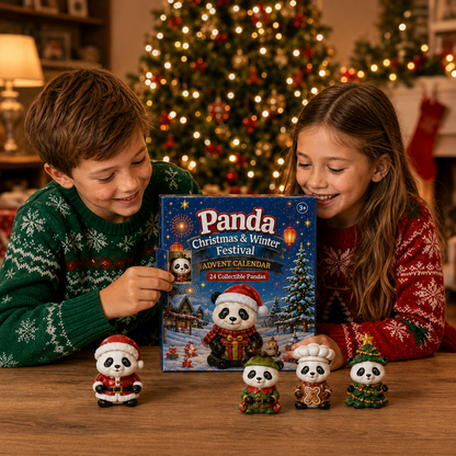 Children opening the panda advent calendar at Christmas