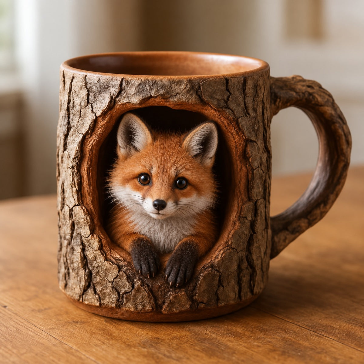 Woodland Raccoon Tree Hollow Mug – Rustic 3D Animal Coffee Cup