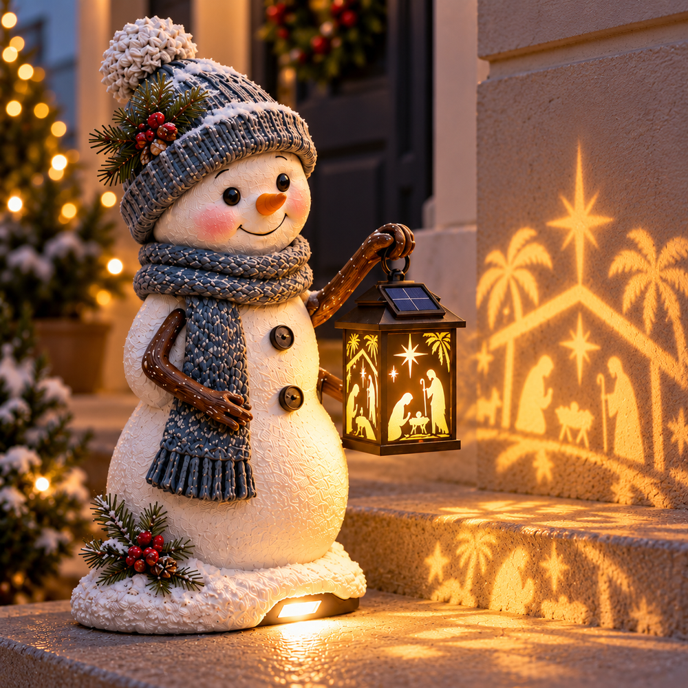 Snowman lantern displaying Nativity-inspired silhouettes and decorative light patterns