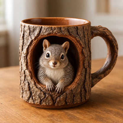 Woodland Raccoon Tree Hollow Mug – Rustic 3D Animal Coffee Cup