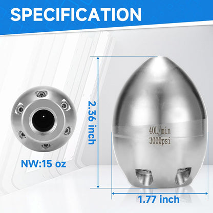 🛠️💦 3000 PSI 40 L/Min 3/8''  NPT Stainless Steel Sewer Jetter Nozzle for Pressure Washers