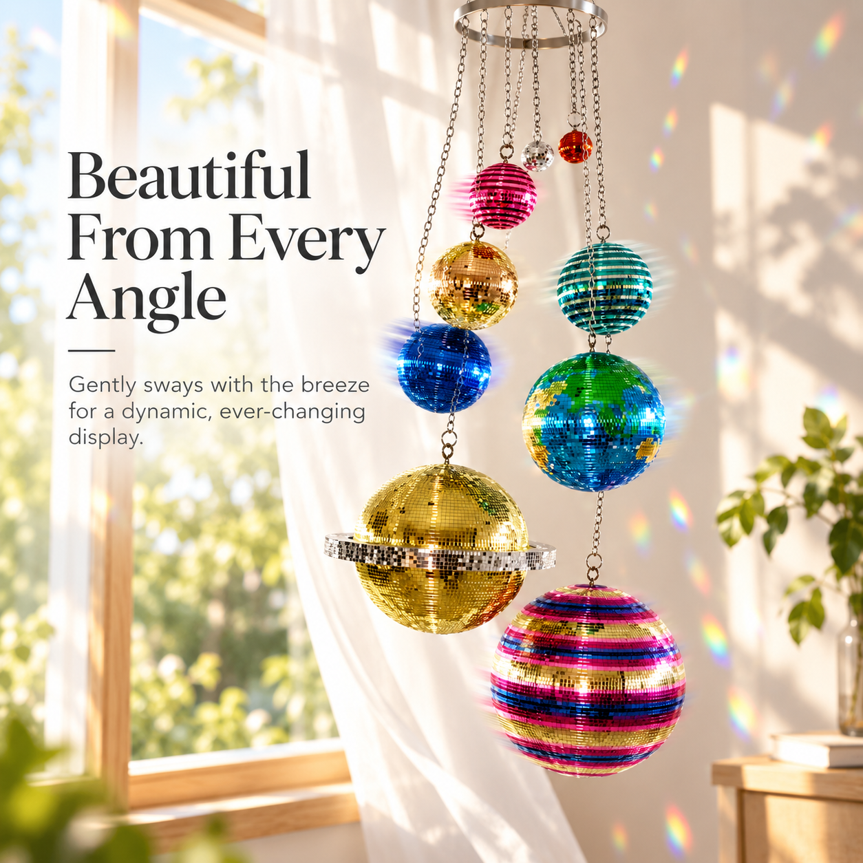 🪐 Solar System Disco Ball Hanging Mobile – Colorful Reflective Celestial Room Decor