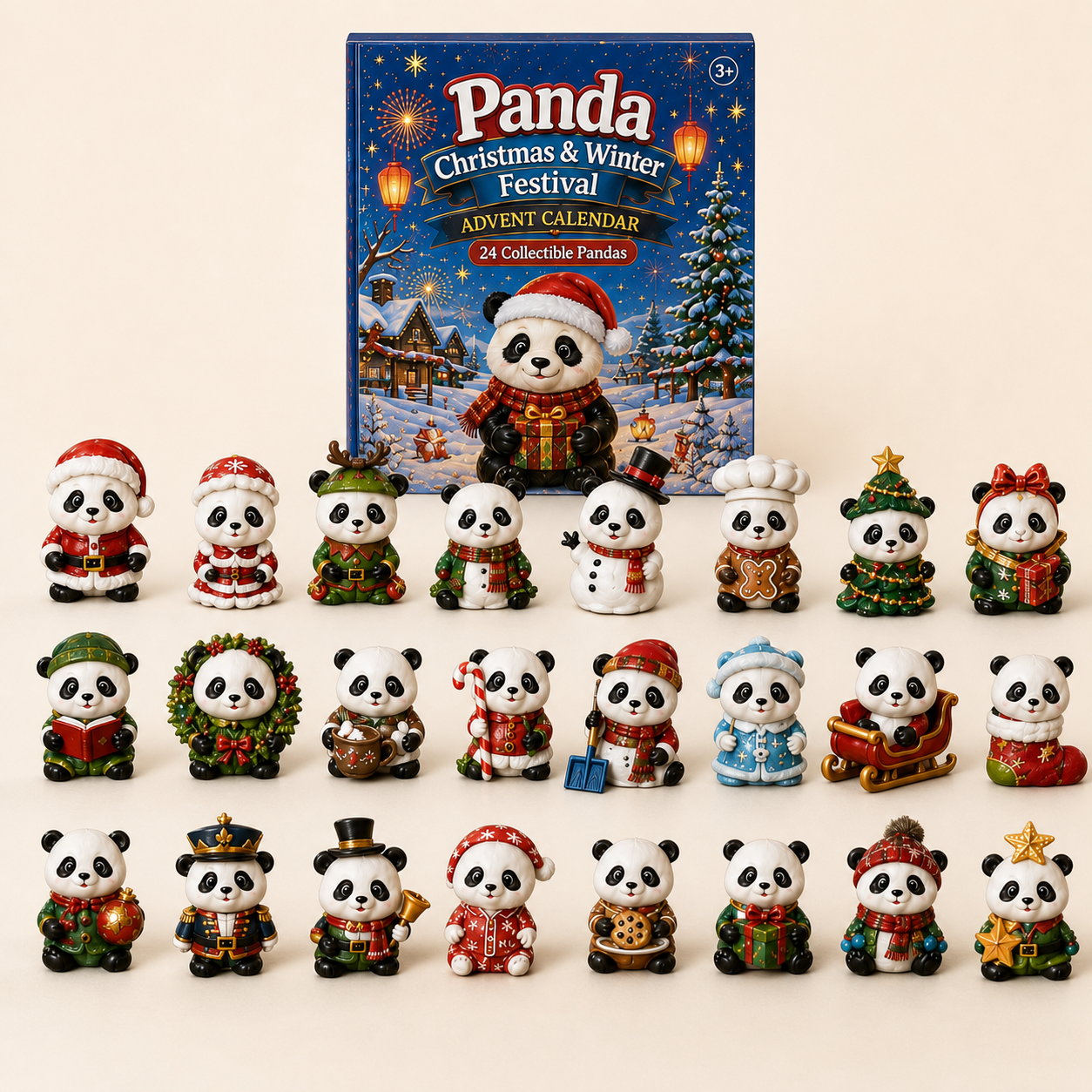 Complete collection of 24 festive panda miniatures