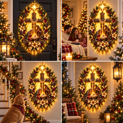 ⭐ Bethlehem Star Nativity Cross Wreath – Lighted Christian Christmas Wall Decor with Holy Family & Warm LED Glow