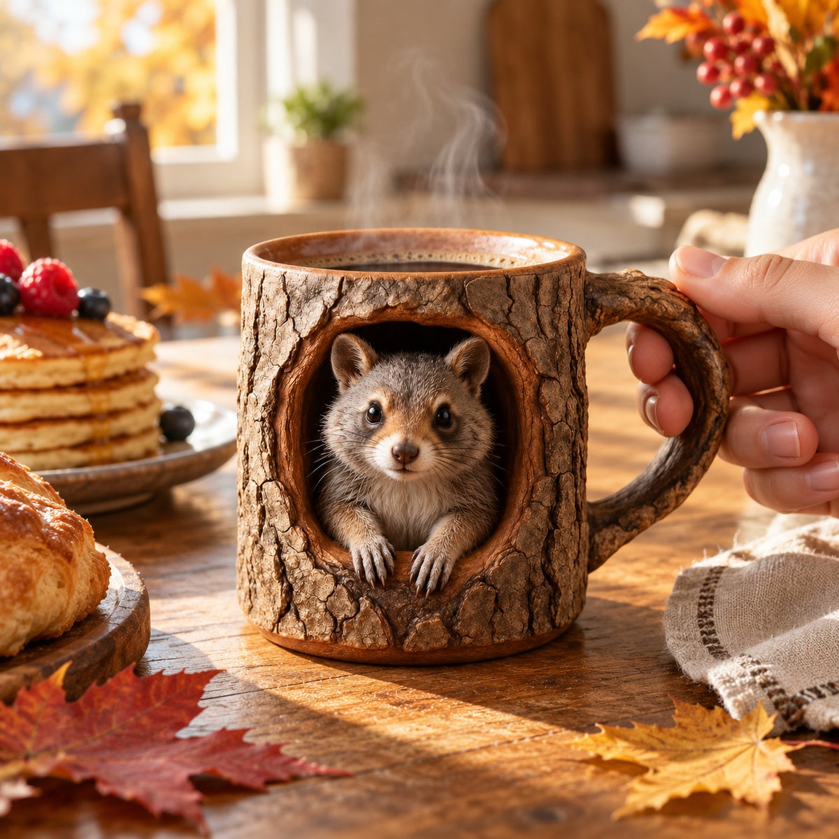 Woodland Raccoon Tree Hollow Mug – Rustic 3D Animal Coffee Cup
