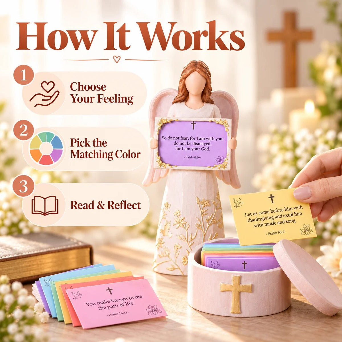🙏✨Hand-Crafted Resin Angel Figurine with Color-Coded Bible Verse Cards & Storage Box 🕊️🎁