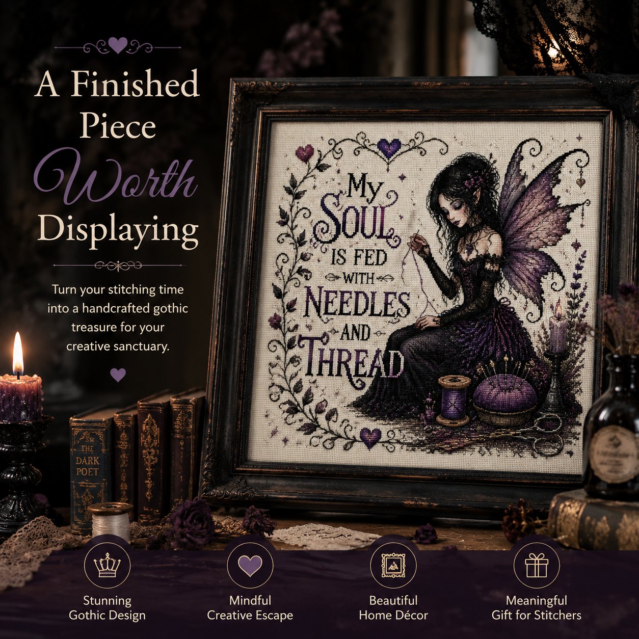🔥Last Day 50% OFF - 💜 Soul Fed Gothic Fairy Cross Stitch Kit | Mindful Dark Academia Craft Kit for Stress Relief, Slow Living & Handmade Wall Art Decor ✨