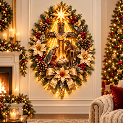 ⭐ Bethlehem Star Nativity Cross Wreath – Lighted Christian Christmas Wall Decor with Holy Family & Warm LED Glow