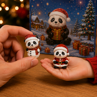 Panda miniatures shown in hands for scale