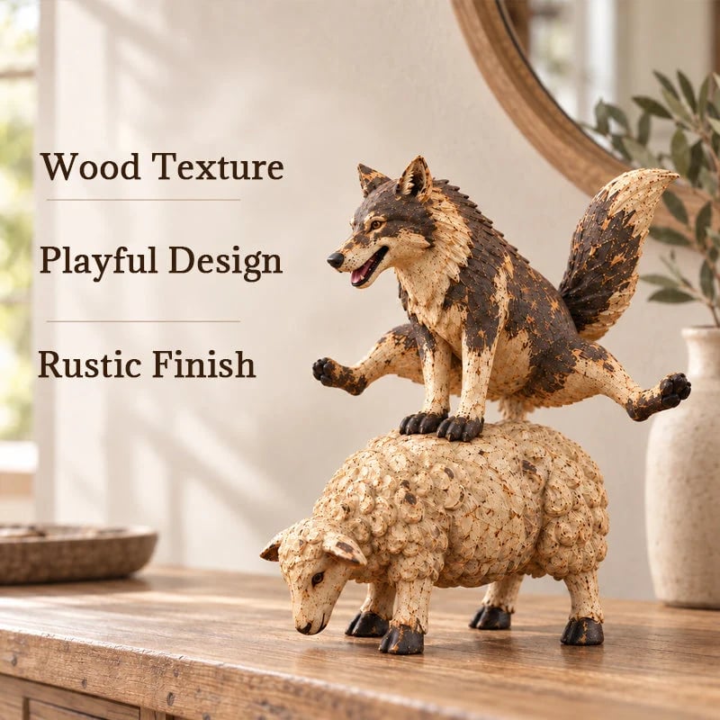 Funny Wolf Riding Sheep Figurine 🐺🐑 – Whimsical Rustic Farmhouse Animal Decor