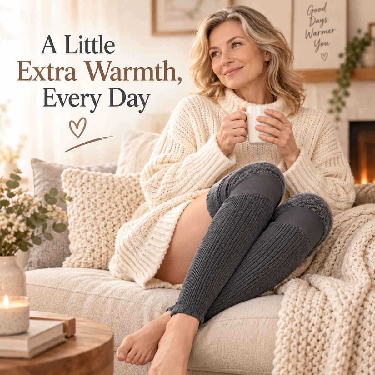 Woman relaxing on a sofa while wearing gray fleece-lined leg warmers