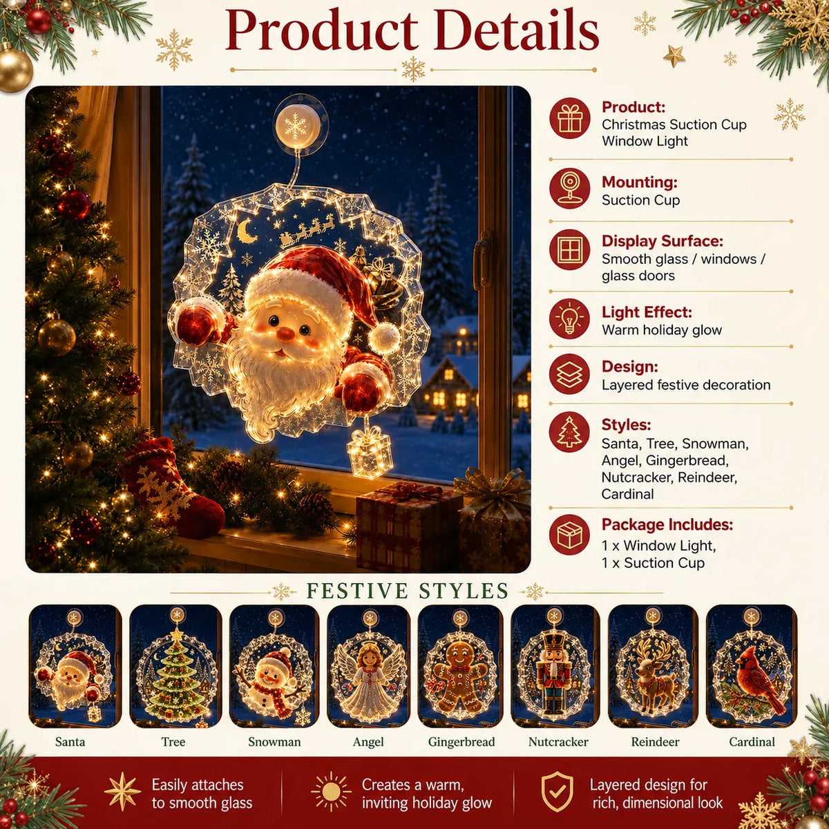 🏅 2026 Best Seller ✨🎄Lighted Christmas Window Decoration with Suction Cup | Warm LED Window Light with Double-Layer Design & Multiple Festive Styles ✨