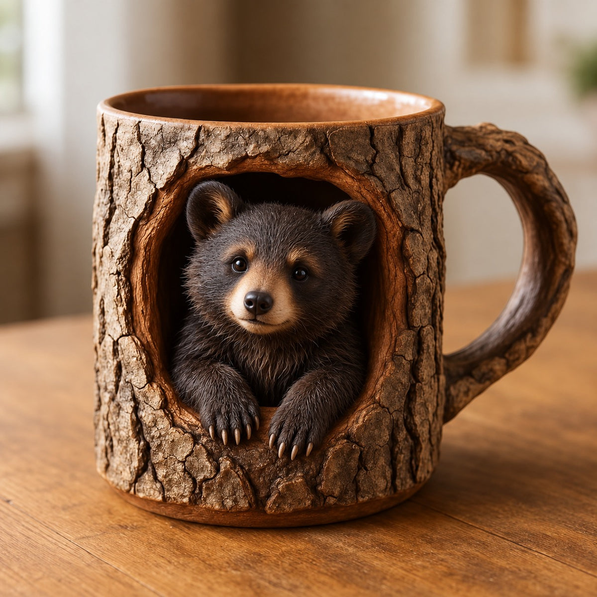 Woodland Raccoon Tree Hollow Mug – Rustic 3D Animal Coffee Cup