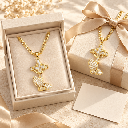 Cross & Prayer Hands Pendant Necklace