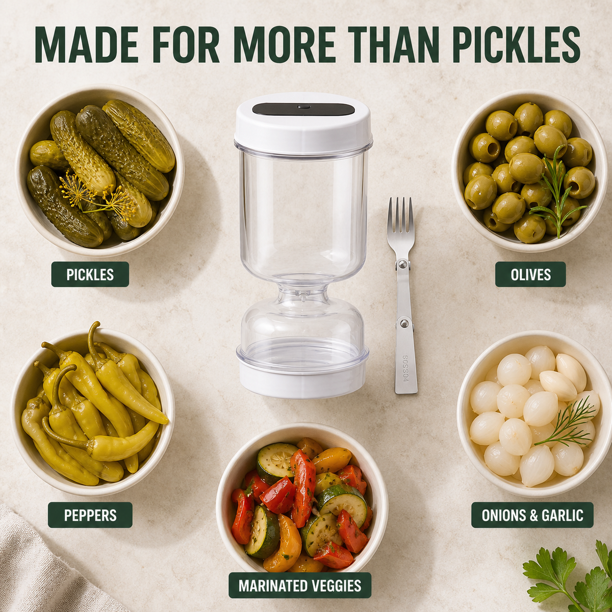 Pickle Jar — — With Strainer Flip and Fork