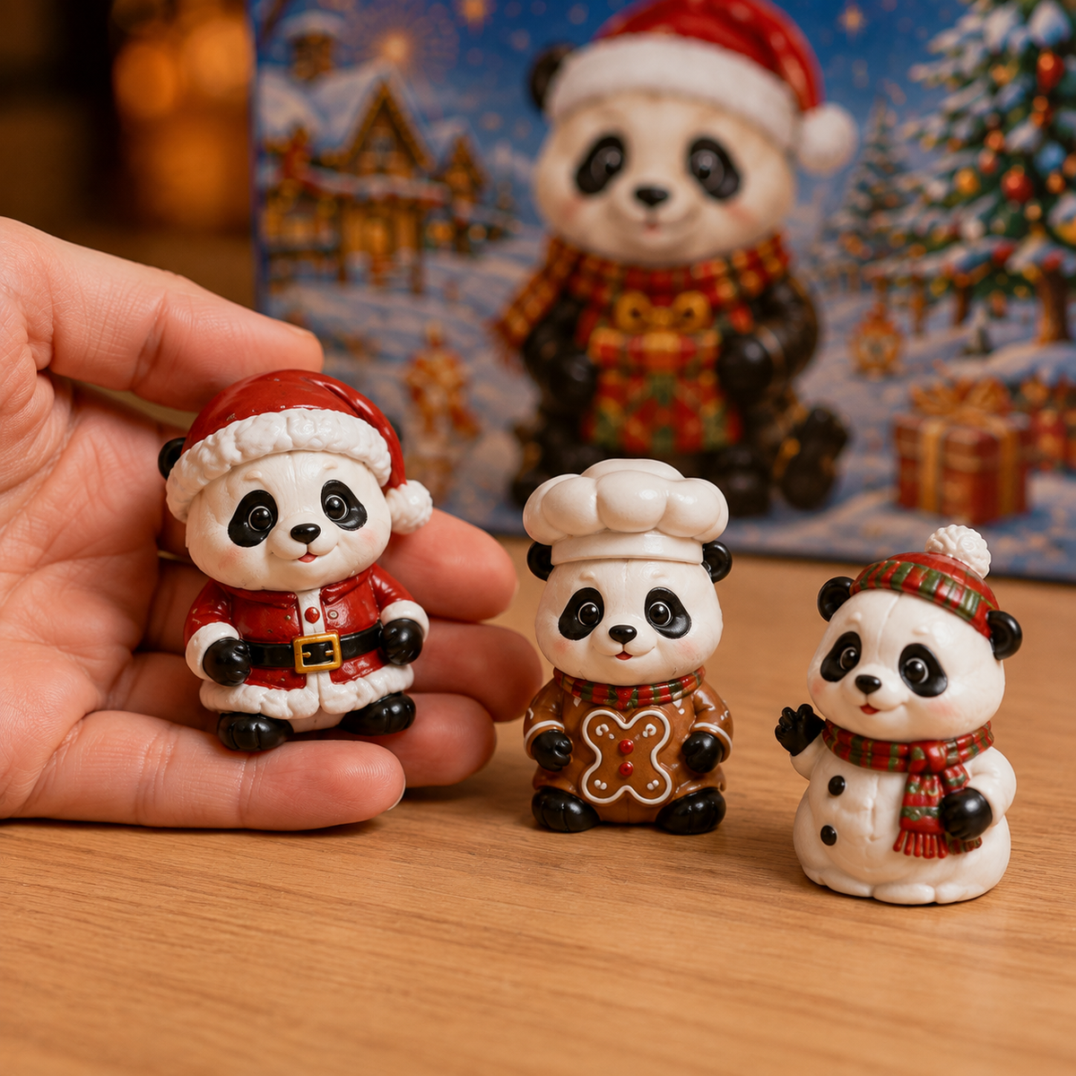 Close-up detail of festive panda collectible miniatures