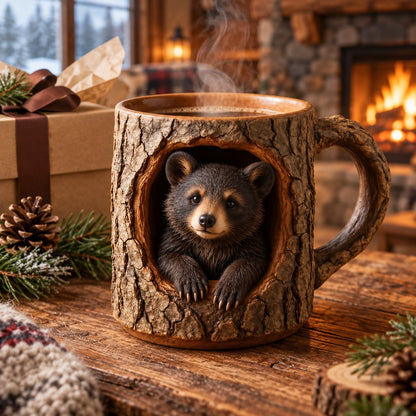 Woodland Raccoon Tree Hollow Mug – Rustic 3D Animal Coffee Cup